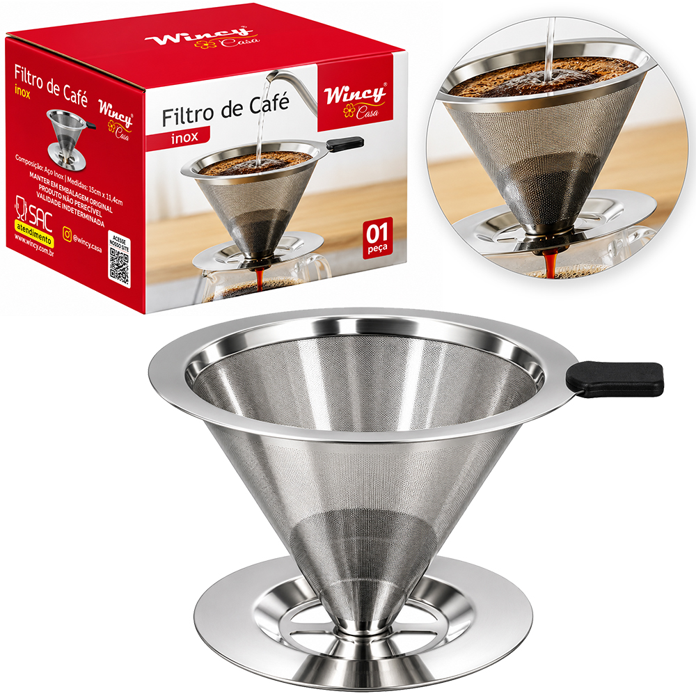 FILTRO / COADOR DE CAFE DE INOX COM BASE PARA 2 XICARAS 13,5X8,5X10CM DE Ø