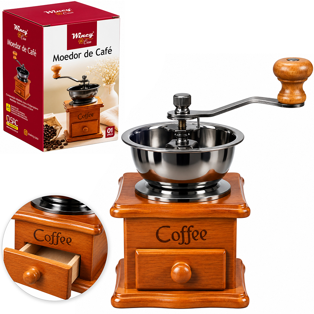 MAQUINA MOEDOR DE GRAOS DE CAFE DE MADEIRA / METAL MANUAL A MANIVELA