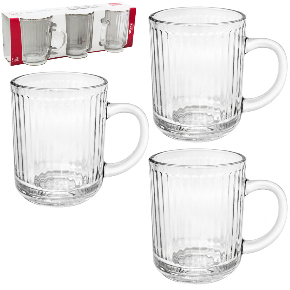 JOGO DE CANECA XICARA DE VIDRO PARA CAFE / CAPPUCCINO MADINA COM 3 PECAS 215ML