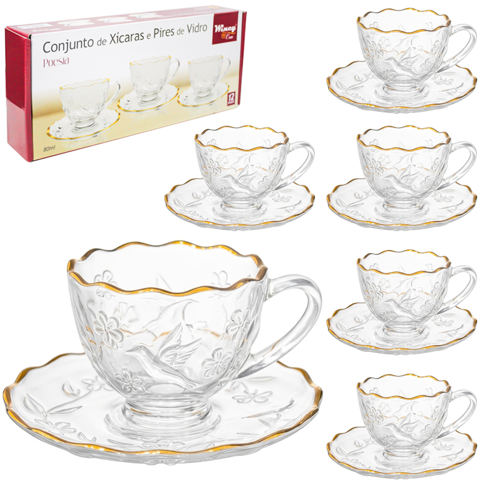 JOGO DE XICARA DE VIDRO COM BORDA DOURADA + PIRES PARA CAFE POESIA 12 PECAS 80ML
