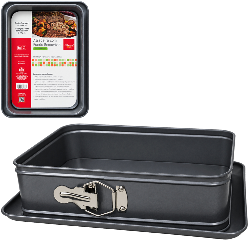 FORMA ASSADEIRA DE ACO CARBONO ANTIADERENTE RETANGULAR COM FUNDO REMOVIVEL 5L 32X22,5X8CM