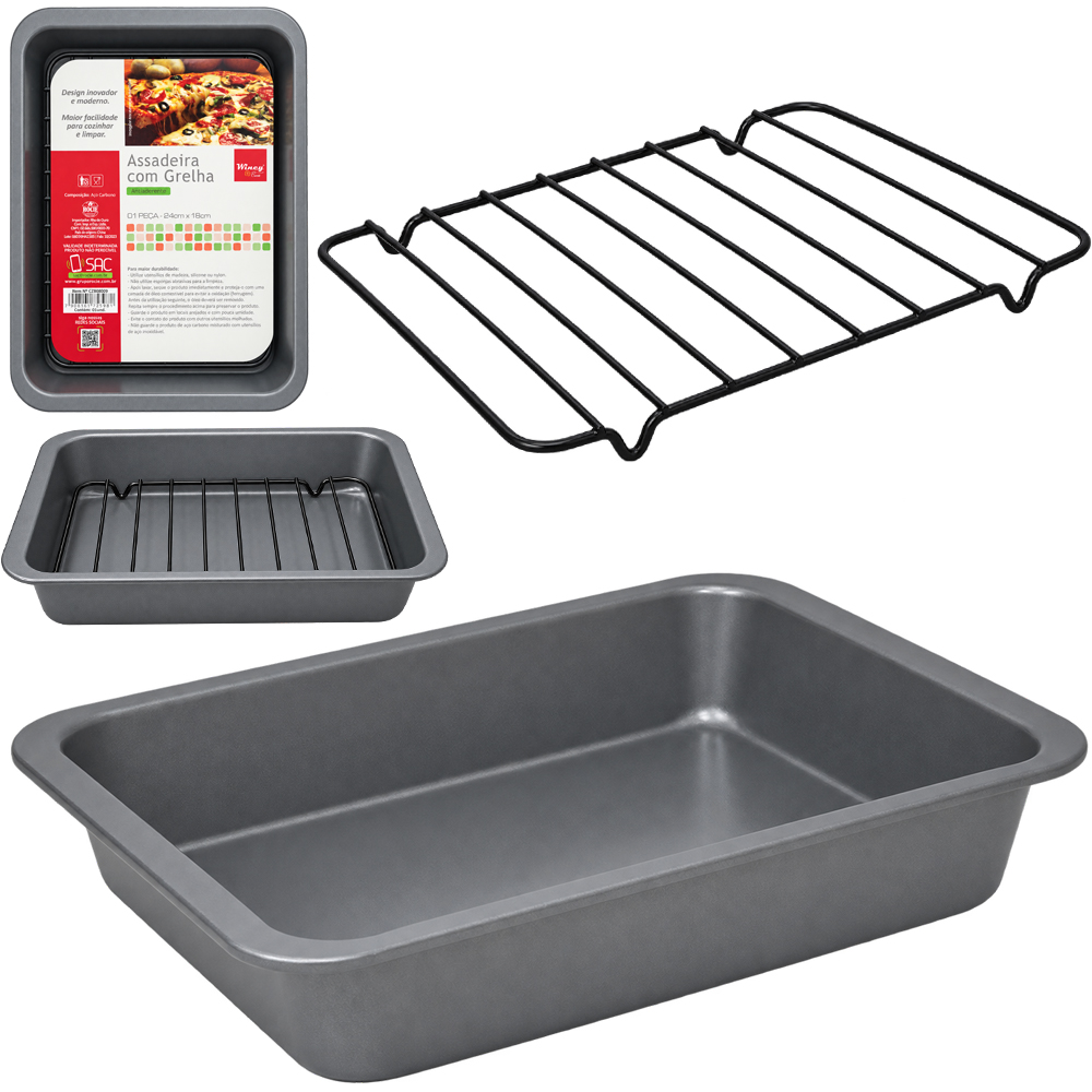 FORMA ASSADEIRA DE ACO CARBONO ANTIADERENTE RETANGULAR COM GRELHA 24X18X4CM