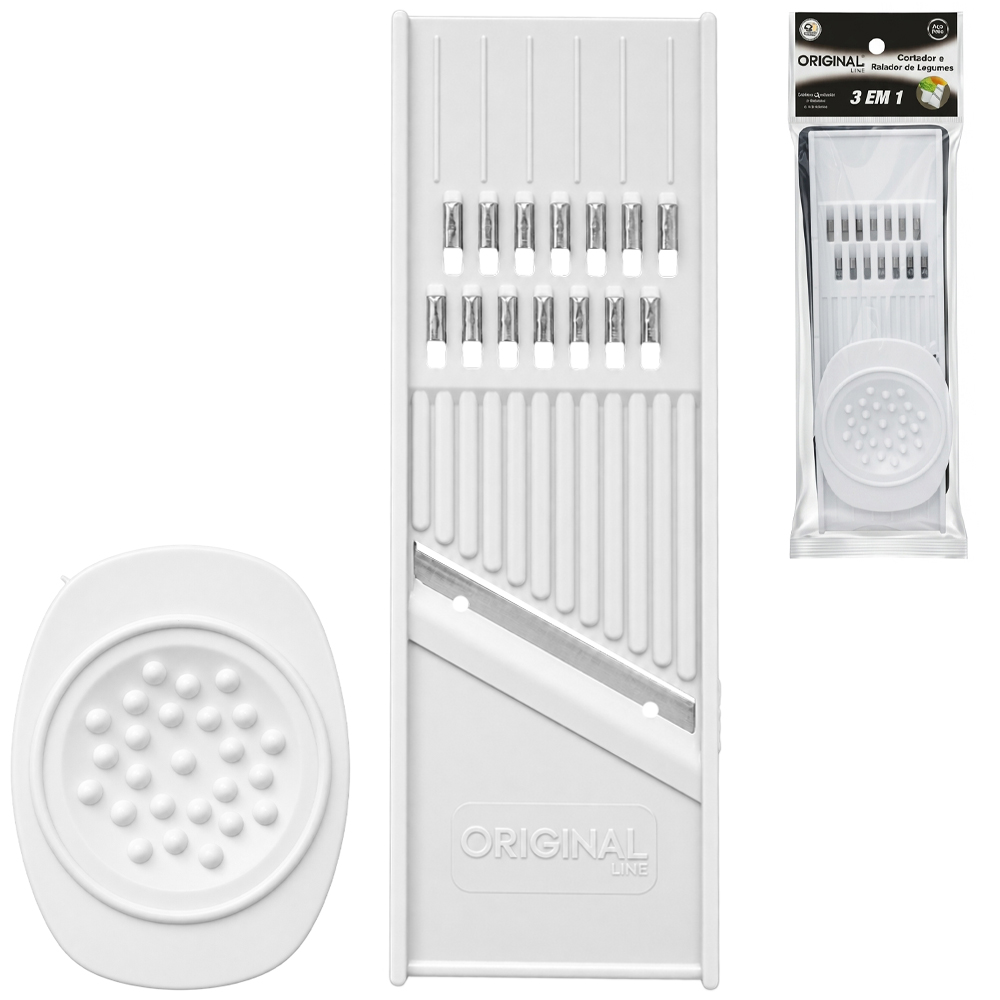 CORTADOR FATIADOR E RALADOR DE LEGUMES DE PLASTICO / INOX COM PROTETOR BRANCO 21X7CM