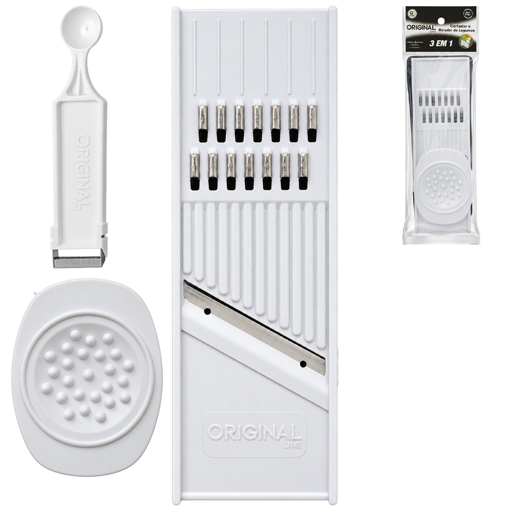 CORTADOR FATIADOR E RALADOR DUPLA FACE COM PROTETOR + BOLEADOR DE LEGUMES DE PLASTICO / INOX 4 EM 1