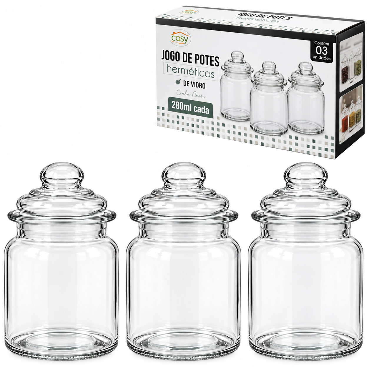 CONJUNTO DE POTE DE VIDRO REDONDO LISO COM TAMPA HERMETICA DE VIDRO CLASSIC COM 3 PECAS 280ML