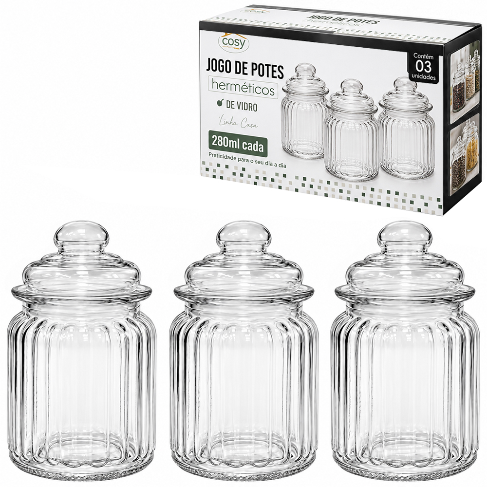 CONJUNTO DE POTE DE VIDRO REDONDO CANELADO COM TAMPA HERMETICA DE VIDRO COM 3 PECAS 280ML