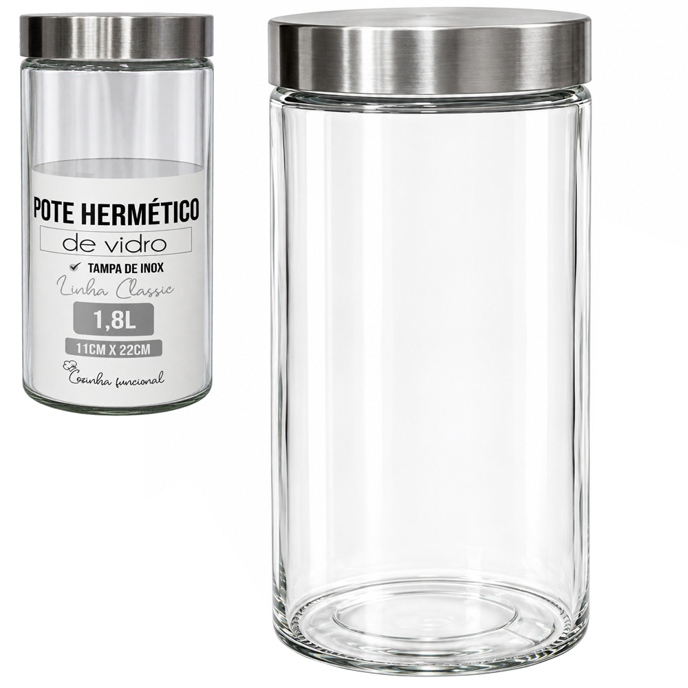 POTE DE VIDRO REDONDO LISO COM TAMPA DE INOX 1,8L