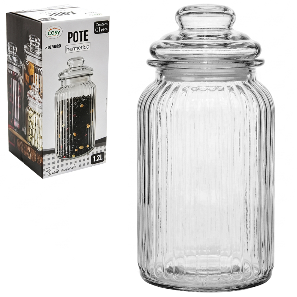 POTE DE VIDRO REDONDO CANELADO COM TAMPA HERMETICA DE VIDRO 1,2L