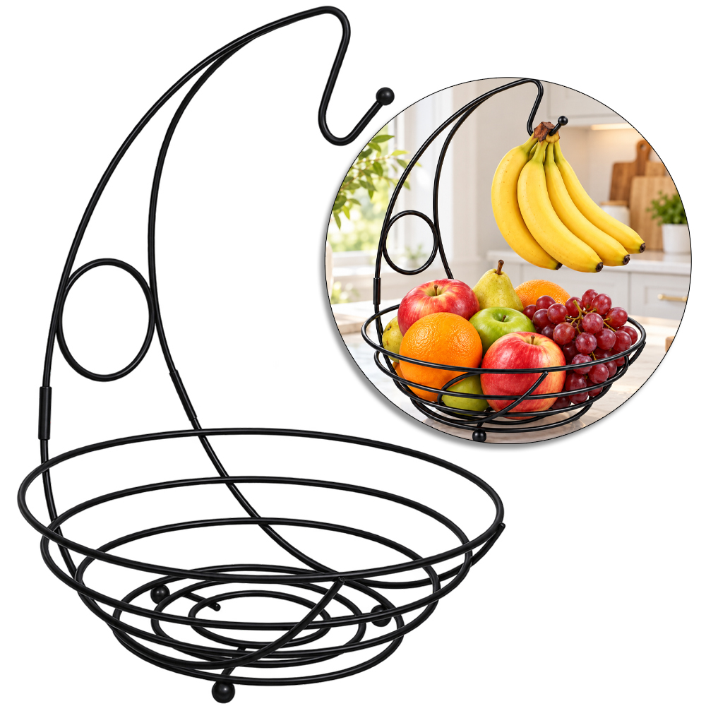 CESTA FRUTEIRA DE MESA ARAMADO REDONDA COM GANCHO BLACK 39X28CM DE Ø