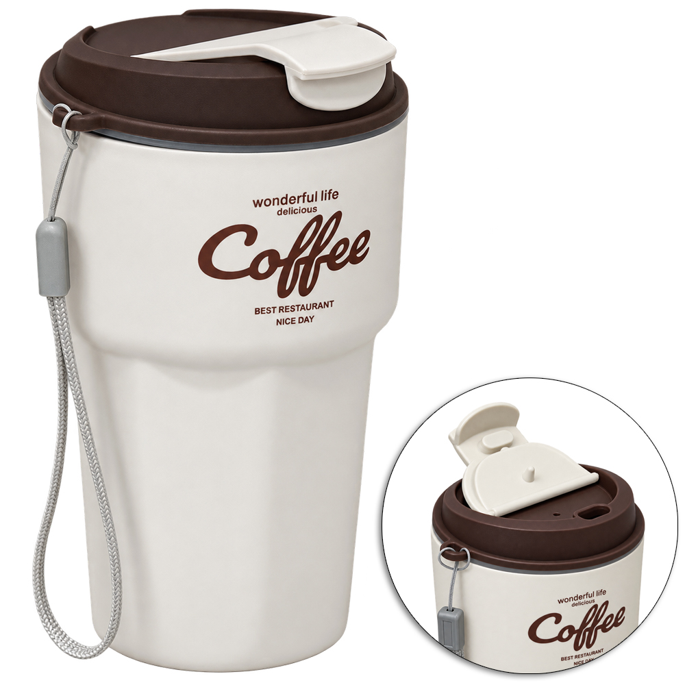COPO COM TAMPA HERMETICA DE PLASTICO COFFEE + ALCA 530ML