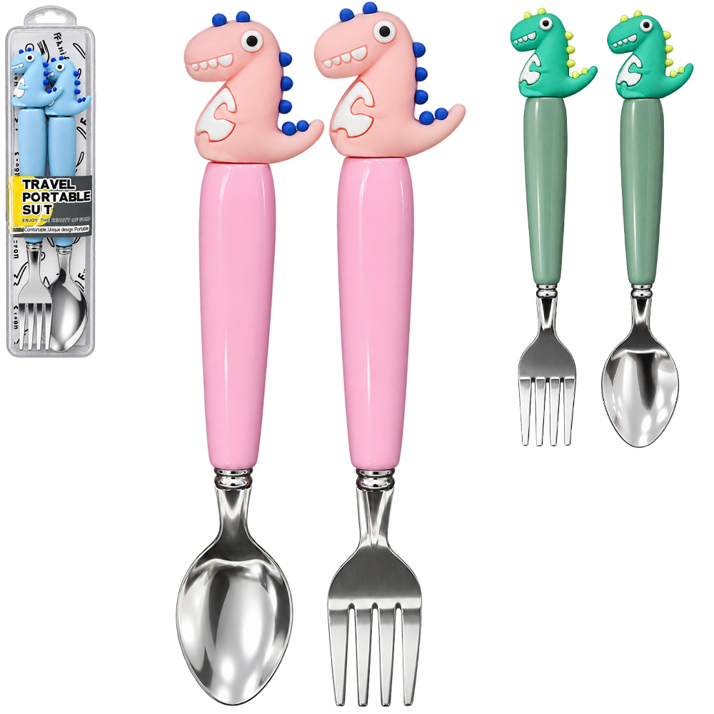 CONJUNTO DE TALHER INFANTIL COM COLHER + GARFO DE INOX CABO PLASTICO DINOSSAURO NO ESTOJO