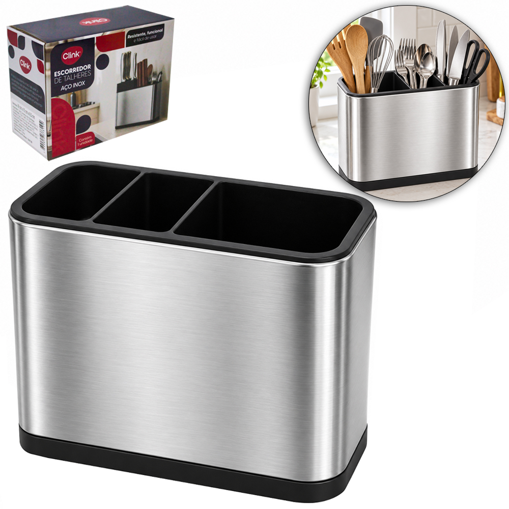 PORTA TALHER / ESCORREDOR DE TALHER DE INOX RETANGULAR COM 2 CAVIDADES 18X15X8,5CM