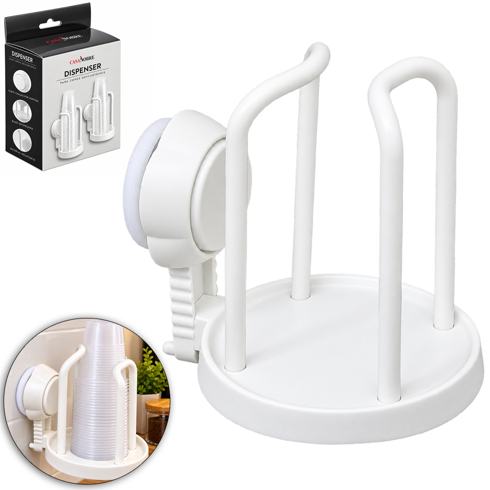 DISPENSER PARA COPOS DESCARTAVEIS DE PLASTICO DE PAREDE COM VENTOSA PRESSAO CASA NOBRE 14,5X14X11,5CM DE Ø 
