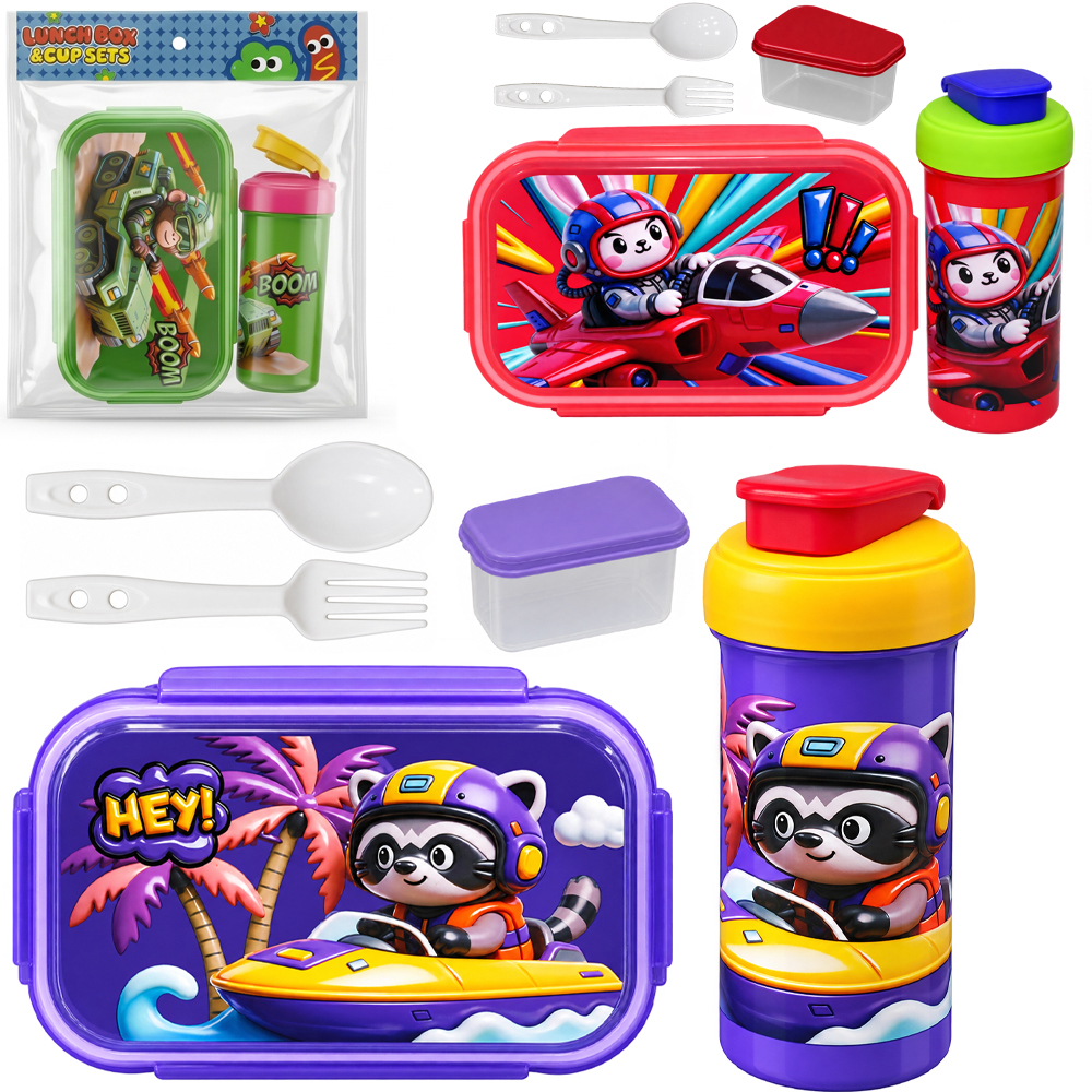 KIT ALIMENTACAO / PAPINHA VIAGEM LANCHEIRA MARMITA PLASTICO RETANGULAR COM COPO + COLHER E ACESSORIOS 5 PECAS