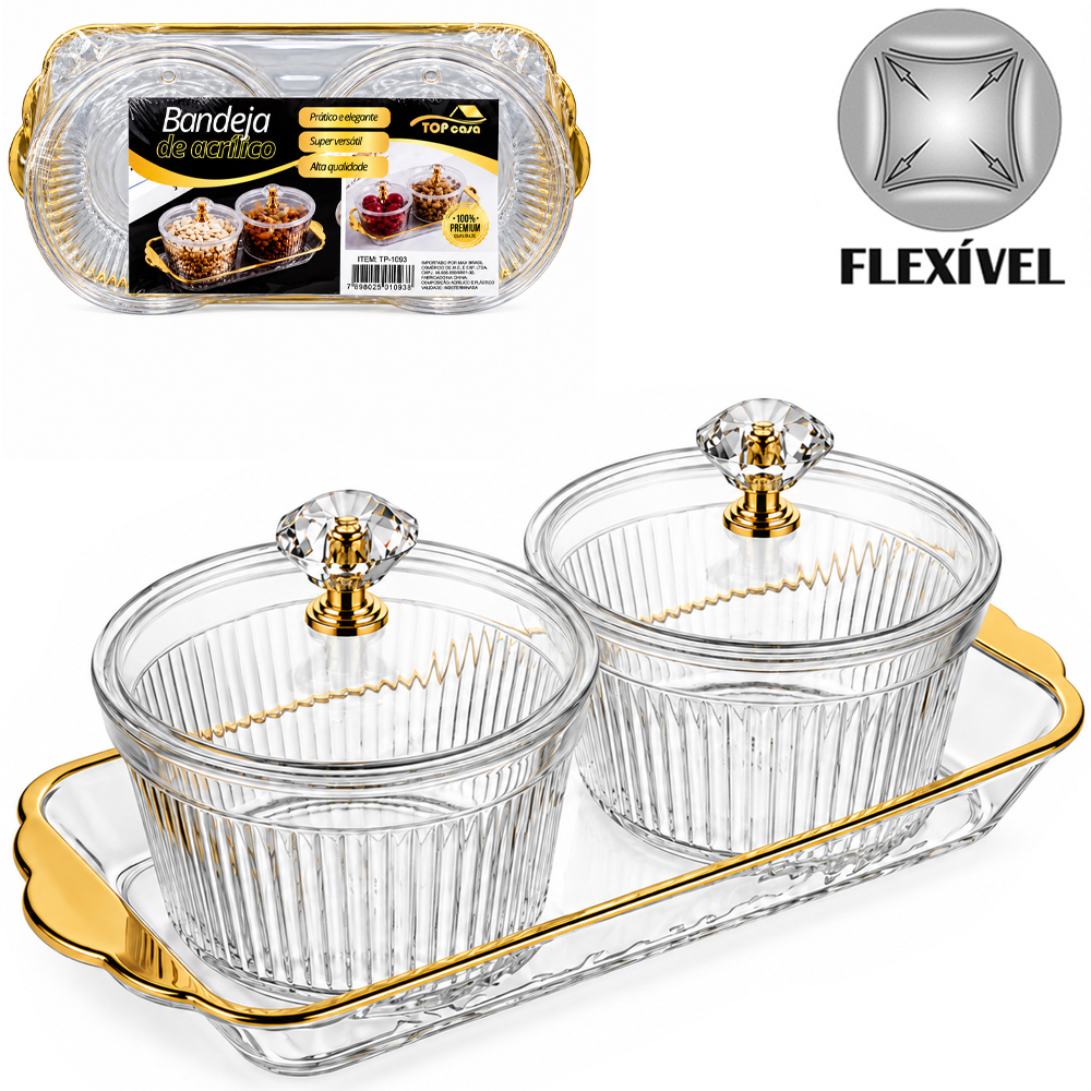 CONJUNTO PETISQUEIRA PLASTICO PET FLEXIVEL REDONDA COM 2 PECAS + TAMPA E BANDEJA BORDA DOURADA PREMIUM TOP CASA