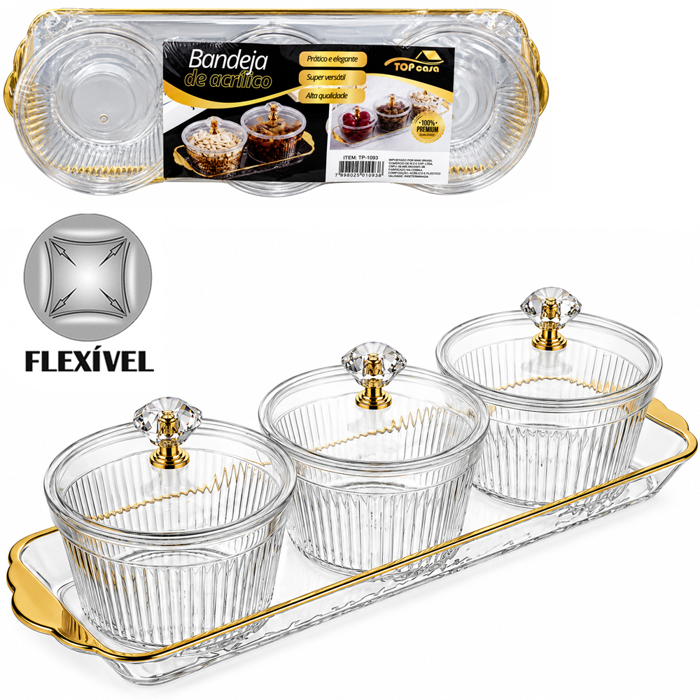 CONJUNTO PETISQUEIRA PLASTICO PET FLEXIVEL REDONDO COM 3 PECAS + TAMPA E BANDEJA BORDA DOURADA PREMIUM TOP CASA