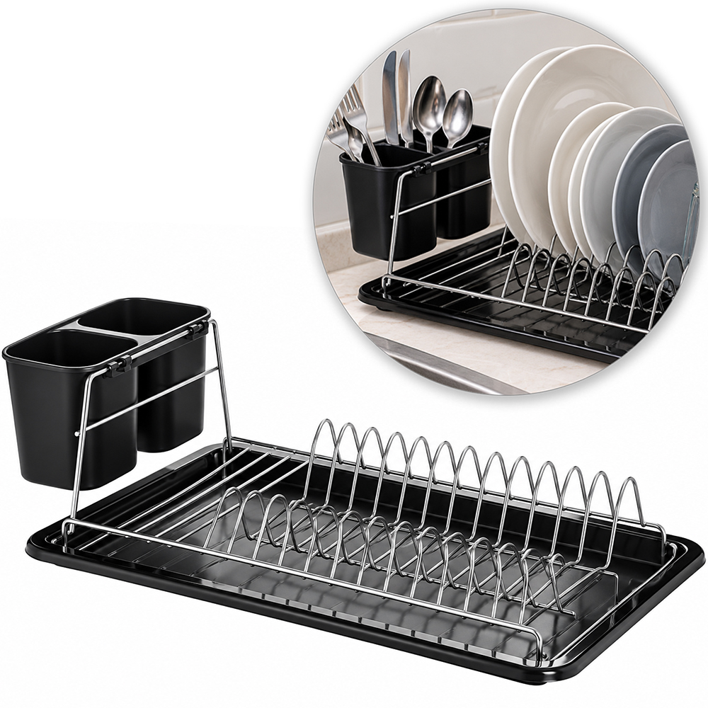 ESCORREDOR SECADOR DE PRATOS / COPOS ARAMADO COM BANDEJA + PORTA TALHER DE PLASTICO BLACK 40X23X12,5CM