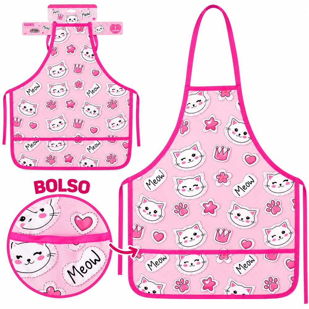 AVENTAL DE POLIESTER INFANTIL COM BOLSO MEOW 51X41CM