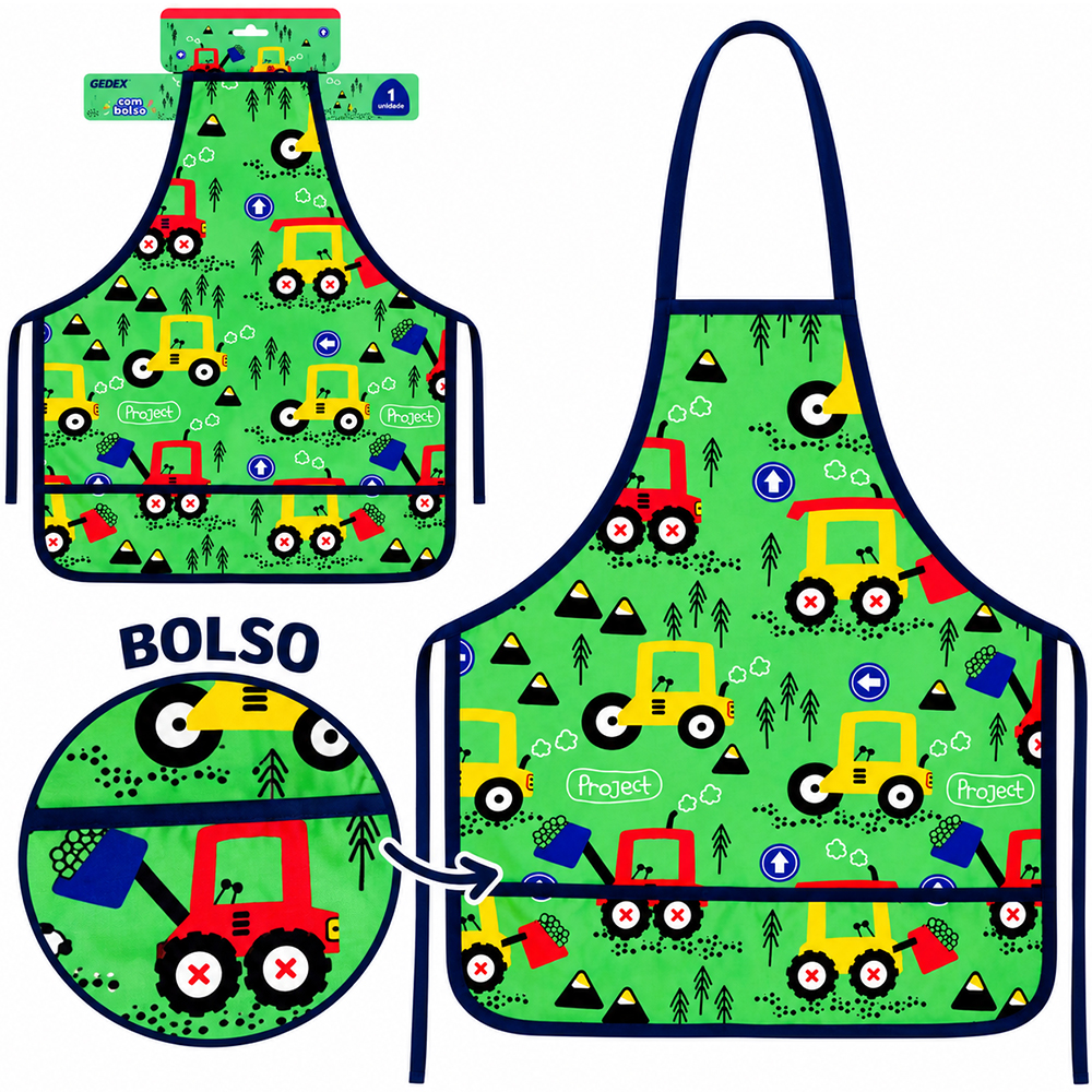 AVENTAL DE POLIESTER INFANTIL COM BOLSO TRATOR 51X41CM