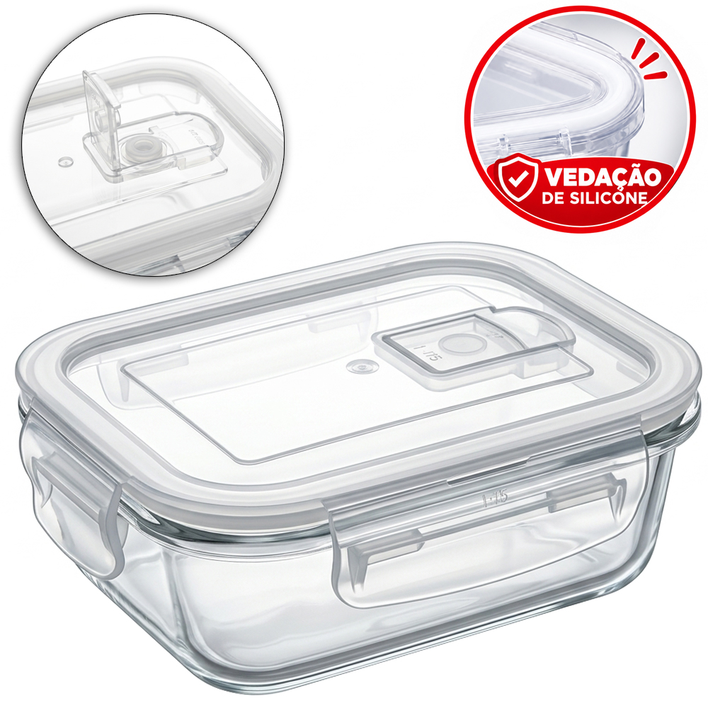 POTE DE VIDRO RETANGULAR COM TAMPA HERMETICA + VALVULA E TRAVA FLUX 380ML