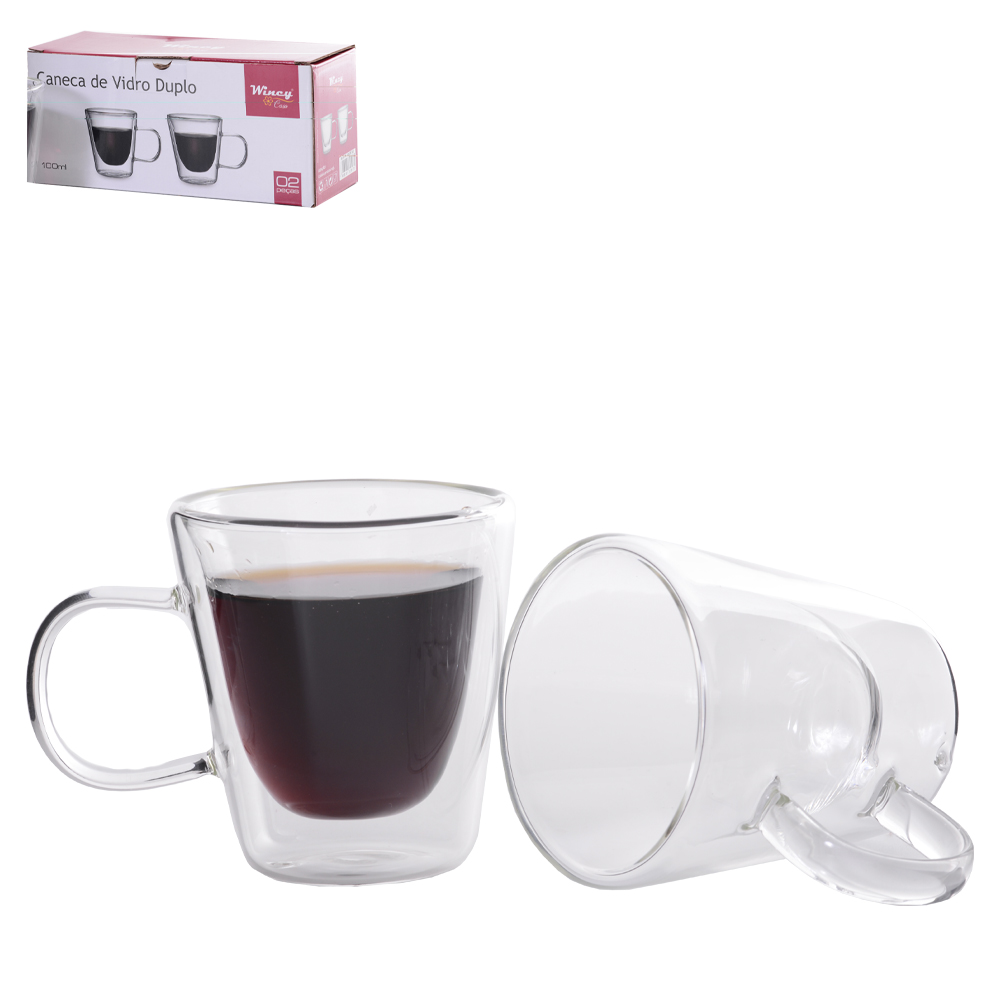 JOGO DE CANECA DE VIDRO BOROSSILICATO COM PAREDE DUPLA BISTRO PARA CAFE / CAPPUCCINO COM 2 PECAS 100ML NA CAIXA