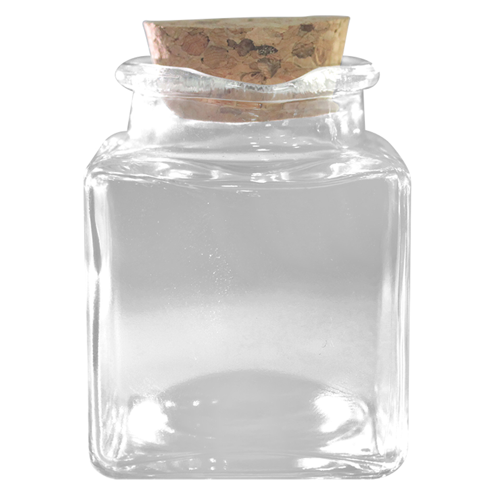 FRASCO / POTE DE VIDRO QUADRADO COM TAMPA CORTICA 50ML