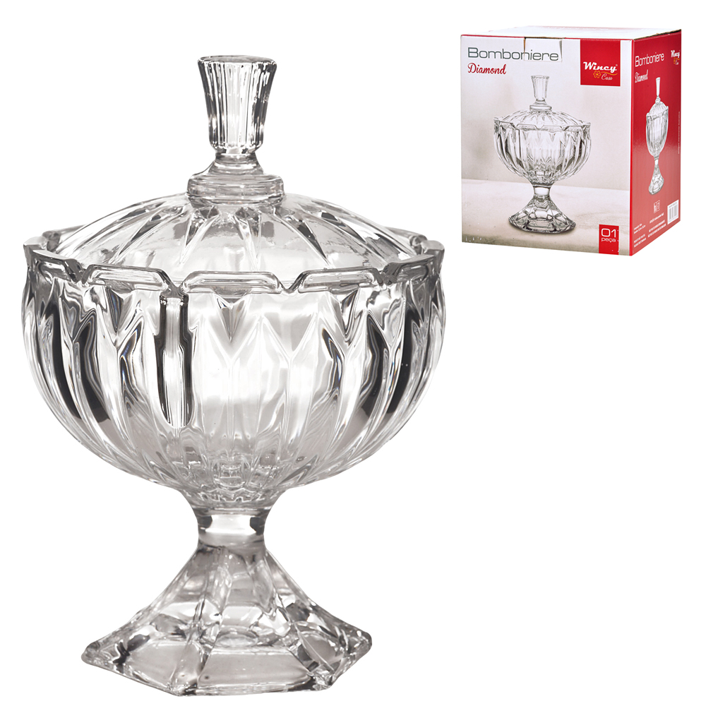 BOMBONIERE DE VIDRO COM PE E TAMPA DIAMOND 24,3X16,3CM DE Ø