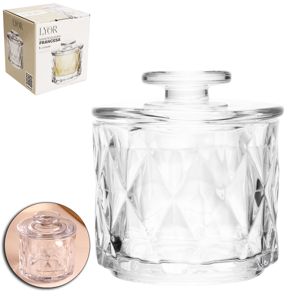 MANTEIGUEIRA FRANCESA DE VIDRO REDONDA DIAMOND COM TAMPA 9,5X8,5CM DE Ø