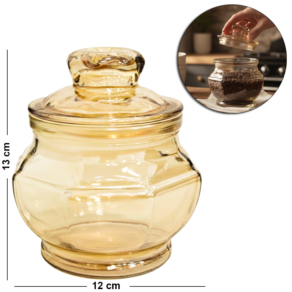 POTE DE VIDRO AMBAR OITAVADO COM TAMPA HERMETICA DE VIDRO 500ML