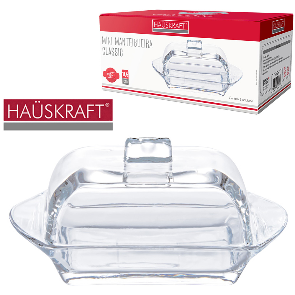 MINI MANTEIGUEIRA DE VIDRO RETANGULAR CLASSIC HAUSKRAFT COM TAMPA 50ML 11,5X7X5,5CM