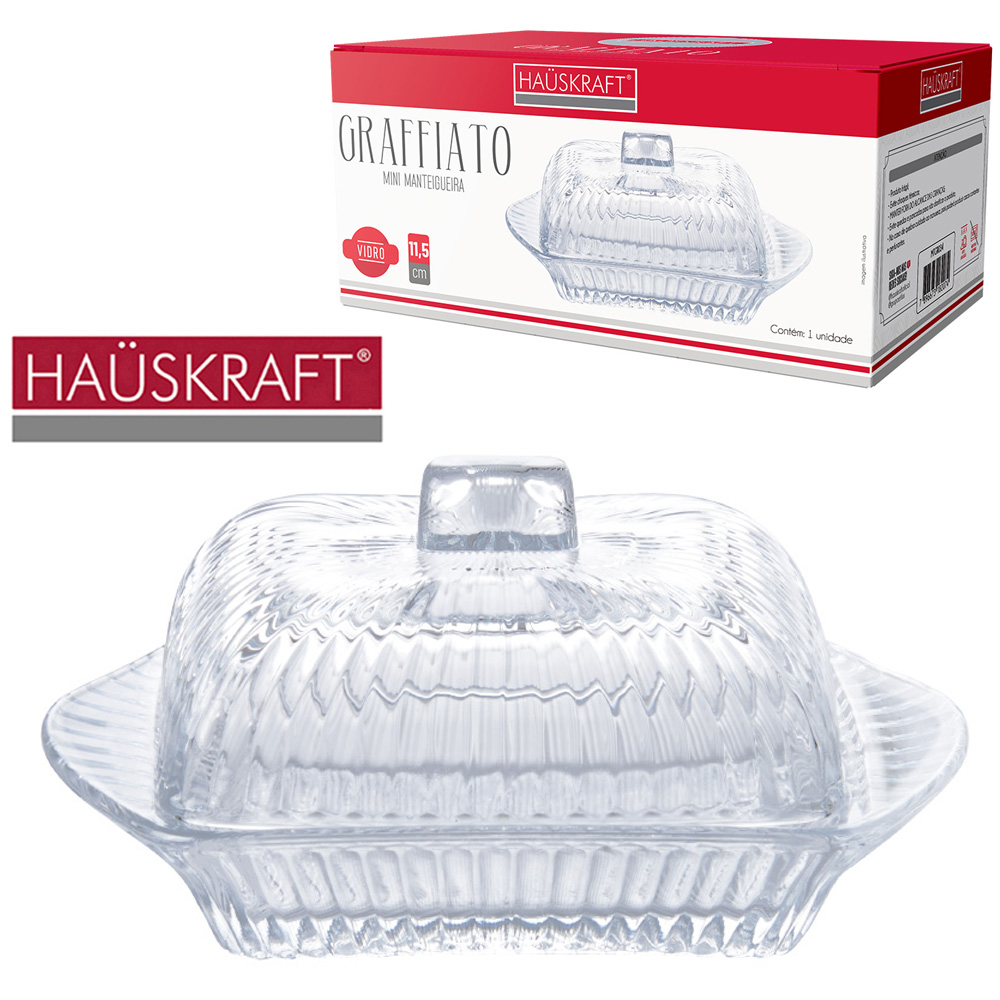 MINI MANTEIGUEIRA DE VIDRO RETANGULAR GRAFFIATO HAUSKRAFT COM TAMPA 50ML 11,5X7X5,5CM