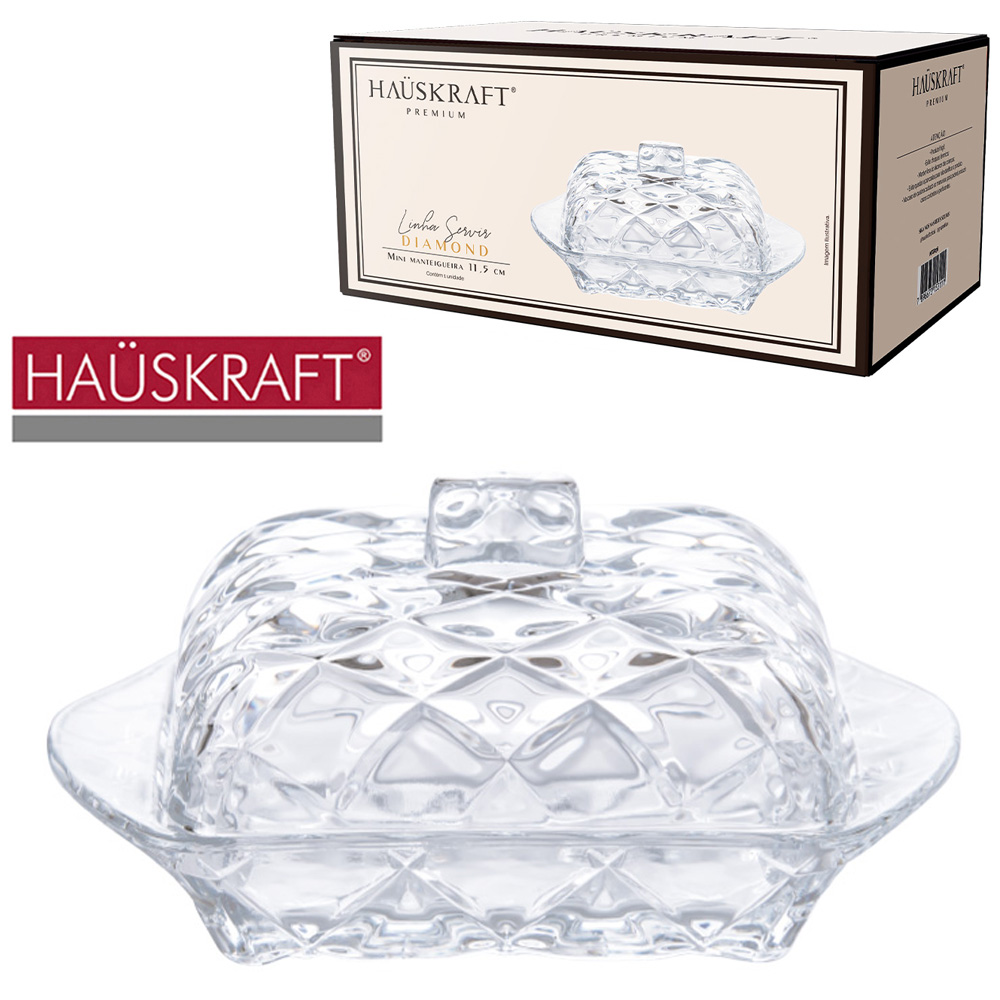 MINI MANTEIGUEIRA DE VIDRO RETANGULAR LINHA SERVIR DIAMOND HAUSKRAFT PREMIUM COM TAMPA 50ML 11,5X7X5,5CM 