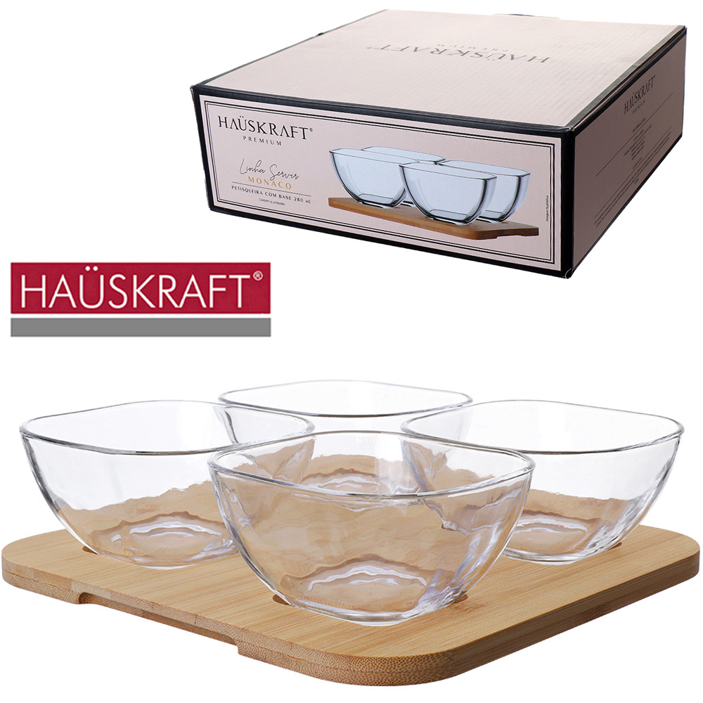 CONJUNTO DE PETISQUEIRA DE VIDRO CRISTAL COM 4 PECAS + BASE BANDEJA DE MADEIRA LINHA SERVIR MONACO HAUSKRAFT PREMIUM