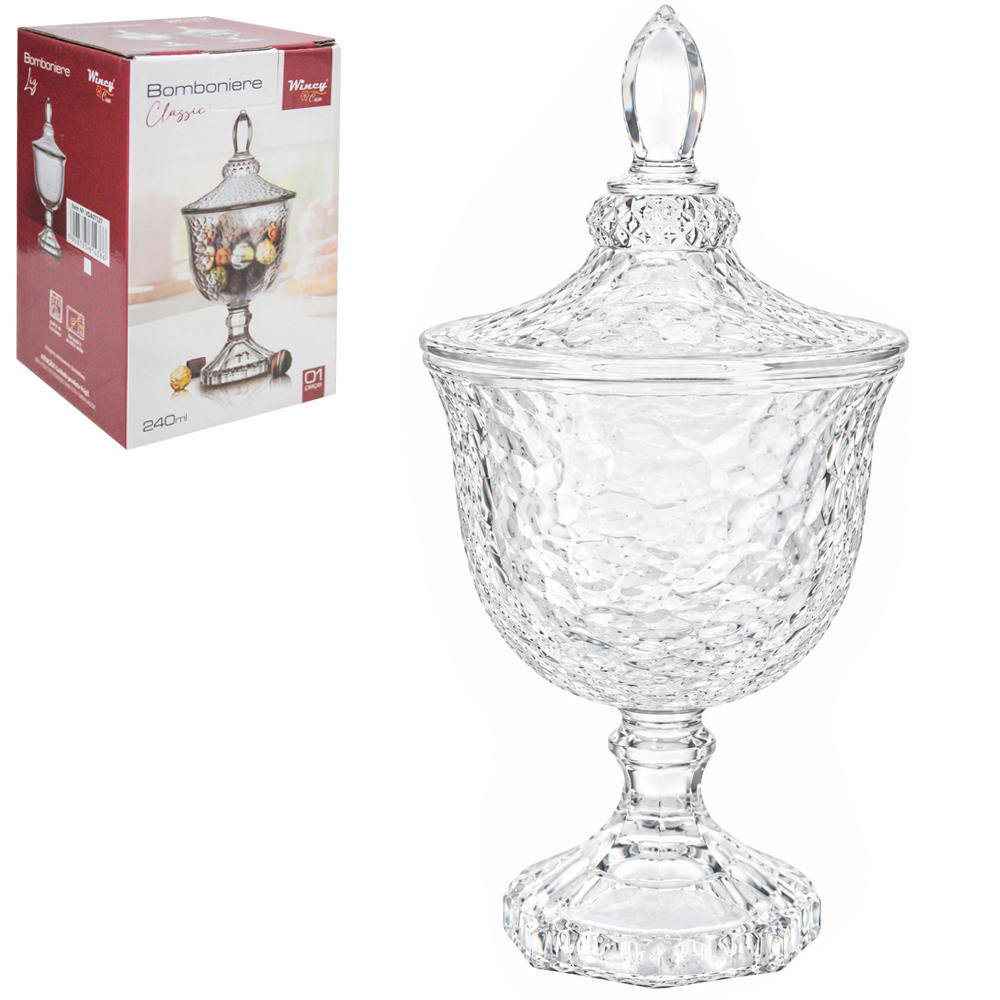 BOMBONIERE DE VIDRO CRAQUELADO COM PE E TAMPA CLASSIC 240ML 19X9,5CM DE Ø 