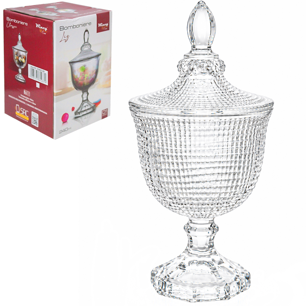 BOMBONIERE DE VIDRO COM PE E TAMPA LIZ 240ML 19X9,5CM DE Ø 