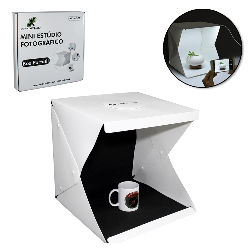 MINI ESTUDIO FOTOGRAFICO BOX PORTATIL COM 20 LEDS + FUNDO PRETO E BRANCO E CABO USB X-CELL 25X22,5X21CM