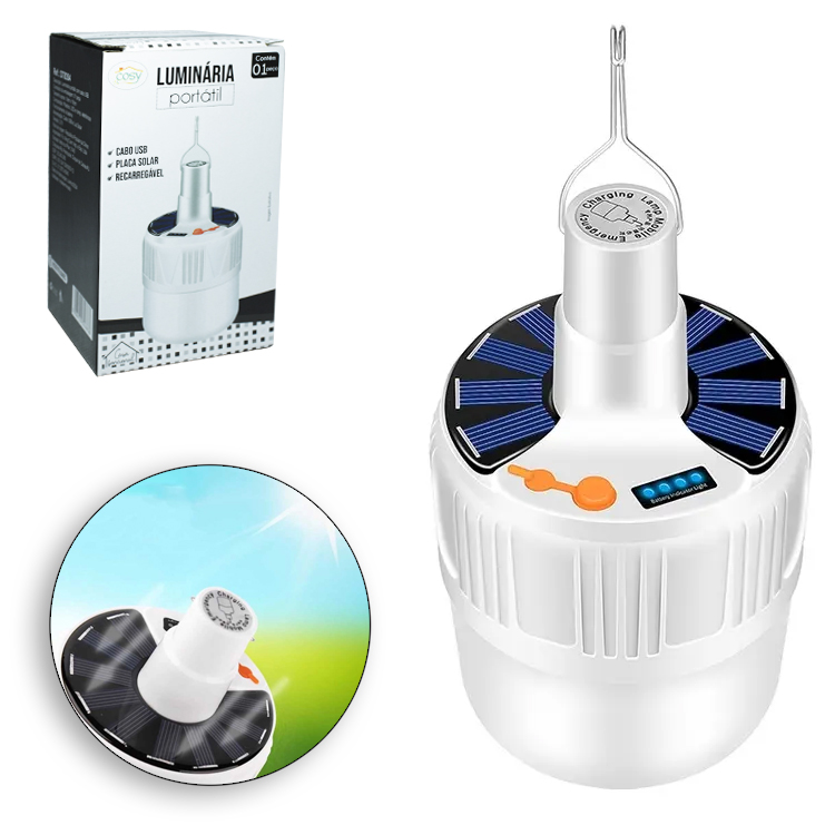 LANTERNA LUMINARIA PORTATIL RECARREGAVEL PLACA SOLAR E CABO USB 5 FUNCOES DE LUZ