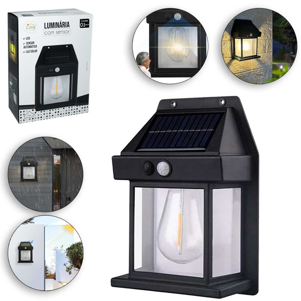 LANTERNA LUMINARIA RECARREGAVEL PAINEL SOLAR COM SENSOR AUTOMATICO 17X12CM