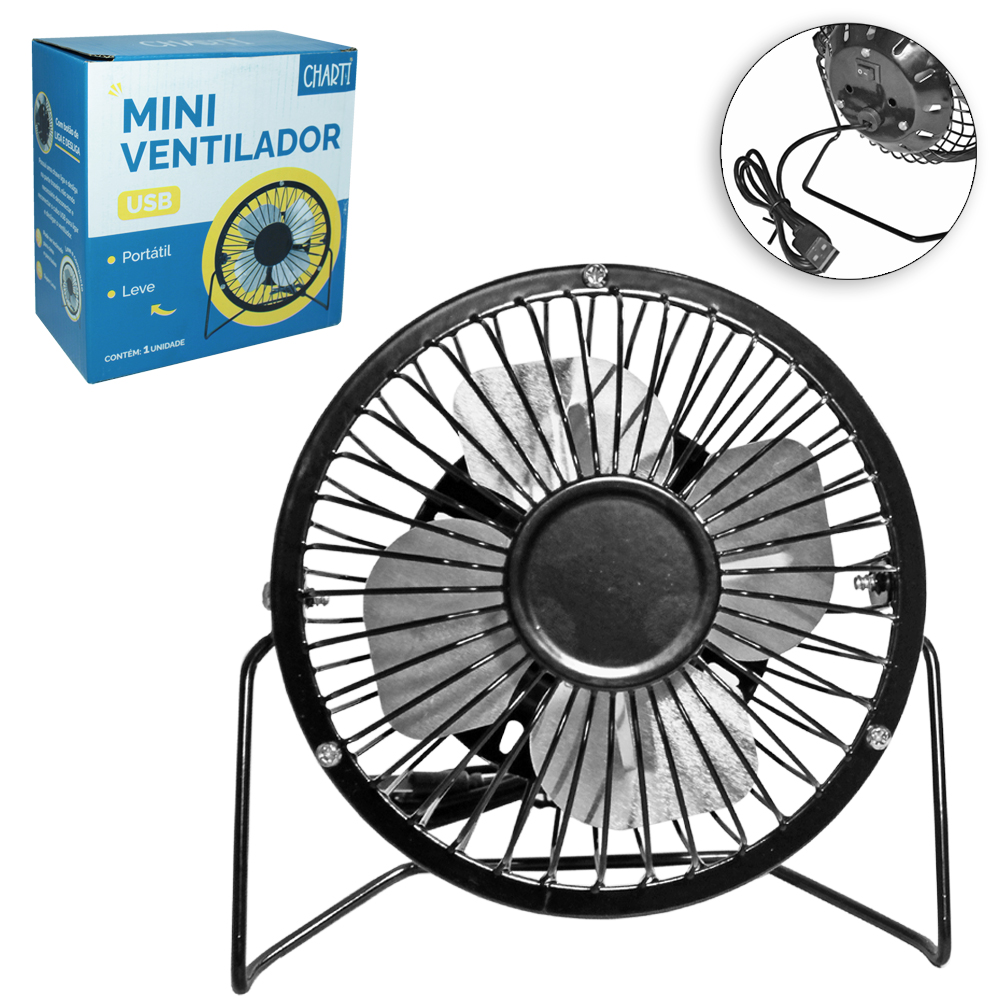 MINI VENTILADOR DE MESA 1 VELOCIDADE 4'' COM SUPORTE DE FERRO USB CHARTI