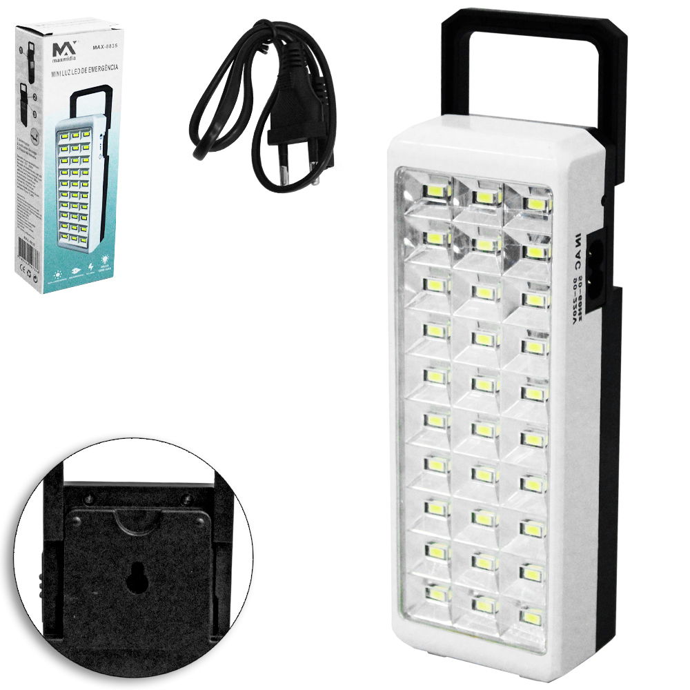 LUMINARIA DE EMERGENCIA RECARREGAVEL BIVOLT COM 30 LEDS MAXMIDIA