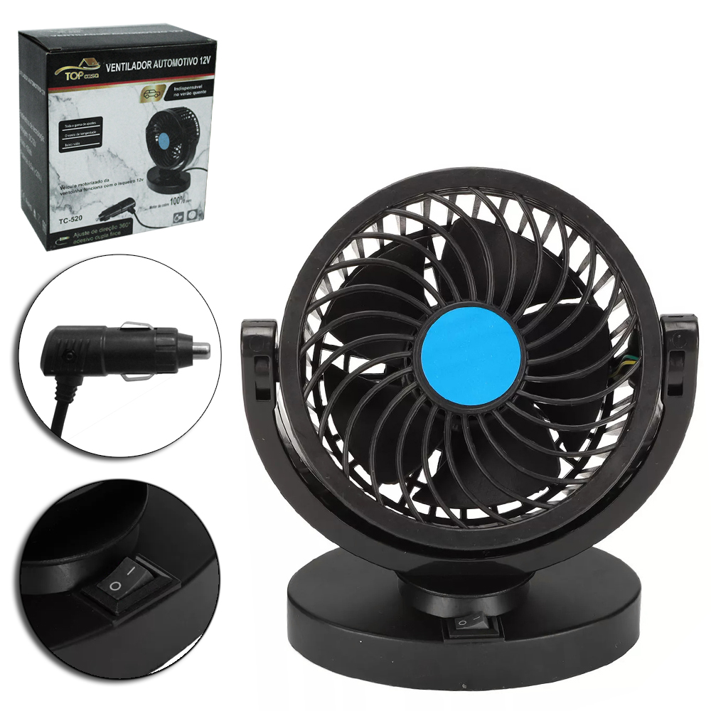 MINI VENTILADOR AUTOMOTIVO 12V GIRATORIO COM 1 VELOCIDADE + BASE DE PLASTICO AUTOADESIVO 