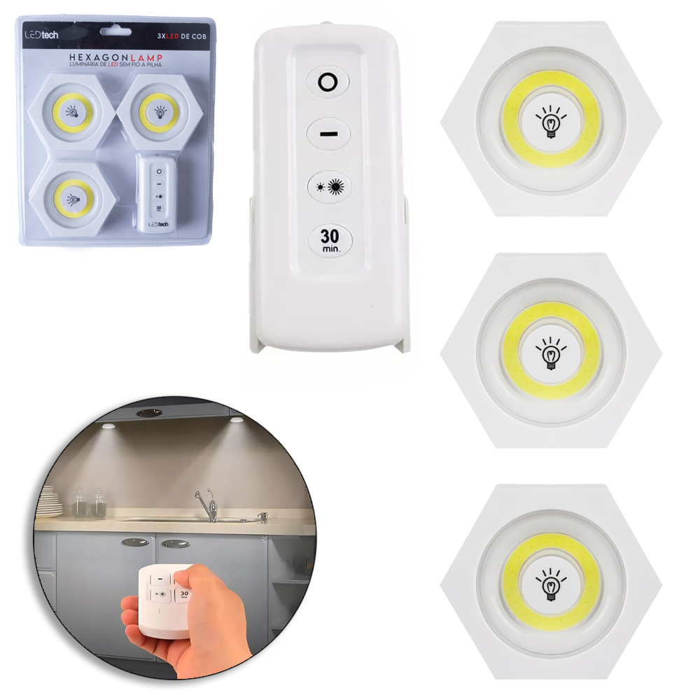 ABAJUR LUMINARIA DE LED HEXAGONAL COM CONTROLE REMOTO + SUPORTE AUTOADESIVO A PILHA 4 PECAS