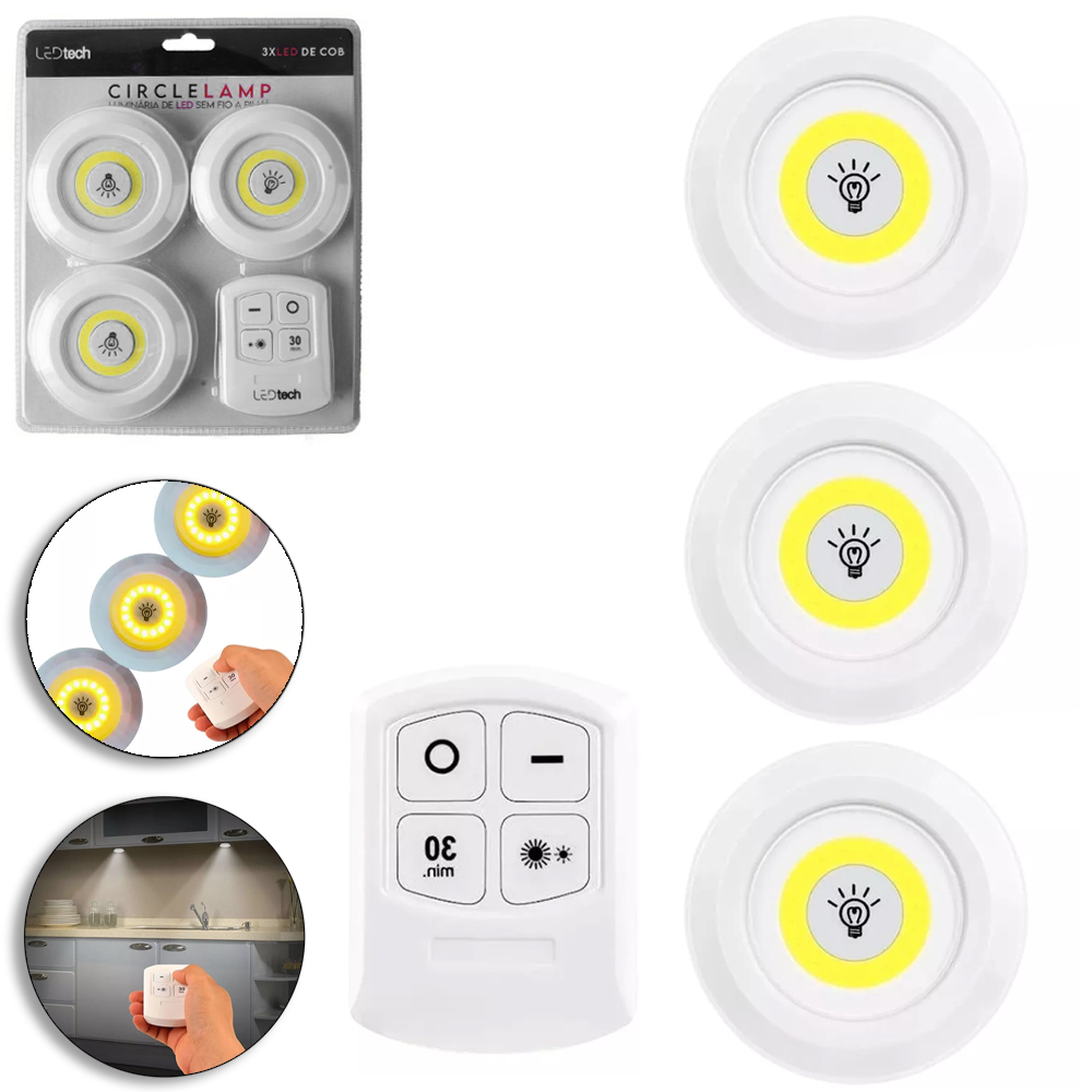 ABAJUR LUMINARIA DE LED REDONDA COM CONTROLE REMOTO + SUPORTE AUTOADESIVO A PILHA 4 PECAS 