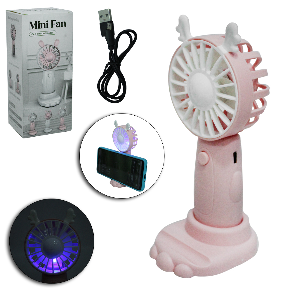 MINI VENTILADOR MAO / MESA PORTATIL RECARREGAVEL 5V 3 VELOCIDADES + LUZ BASE SUPORTE CELULAR CABO USB