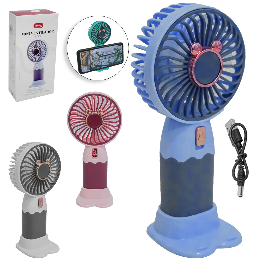 MINI VENTILADOR DE MAO / MESA PORTATIL RECARREGAVEL 3.7V COM 1 VELOCIDADE + BASE SUPORTE CELULAR E CABO USB VERSY