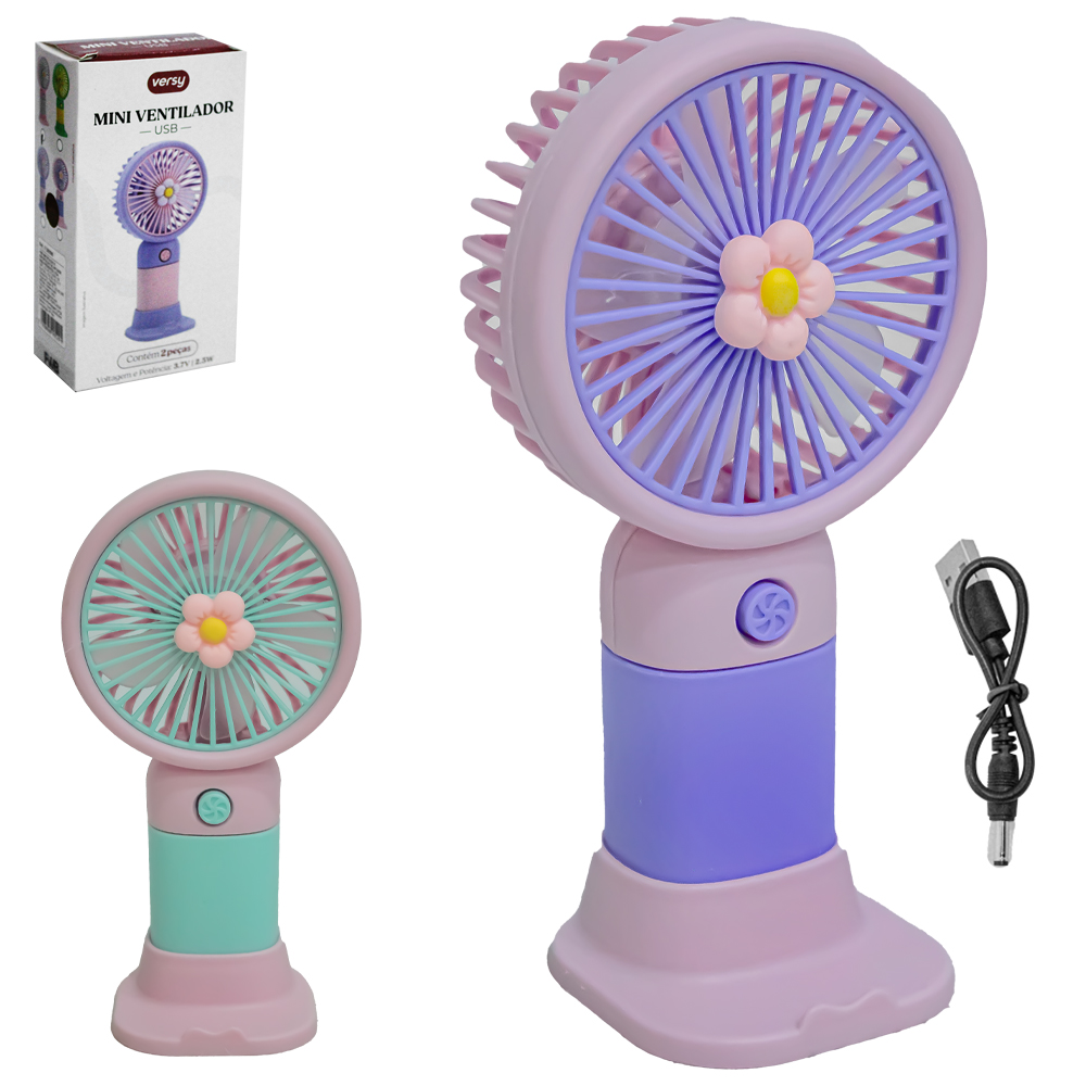 MINI VENTILADOR DE MAO / MESA PORTATIL RECARREGAVEL 3.7V COM 1 VELOCIDADE + BASE SUPORTE CELULAR E CABO USB VERSY