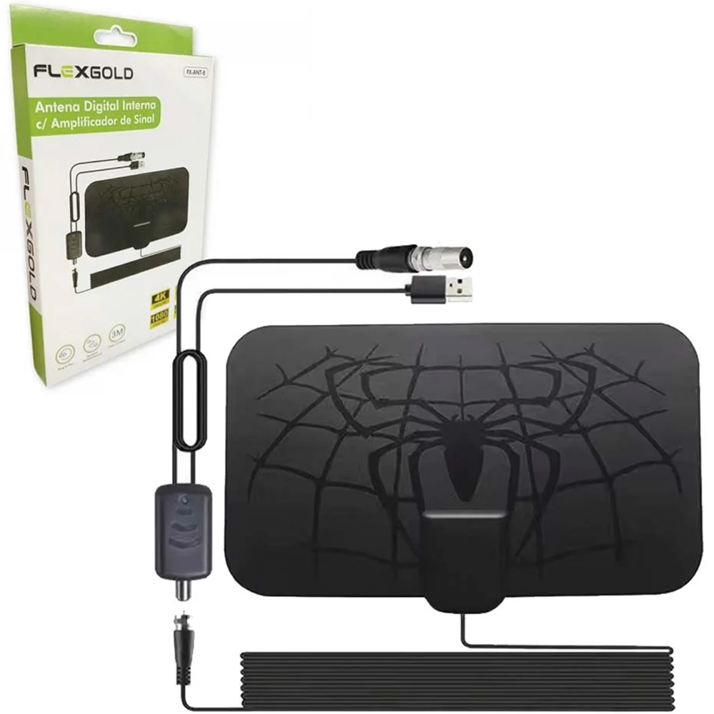 ANTENA DIGITAL INTERNA COM AMPLIFICADOR DE SINAL 4K ULTRA HD 1080P FLEXGOLD CABO 3M