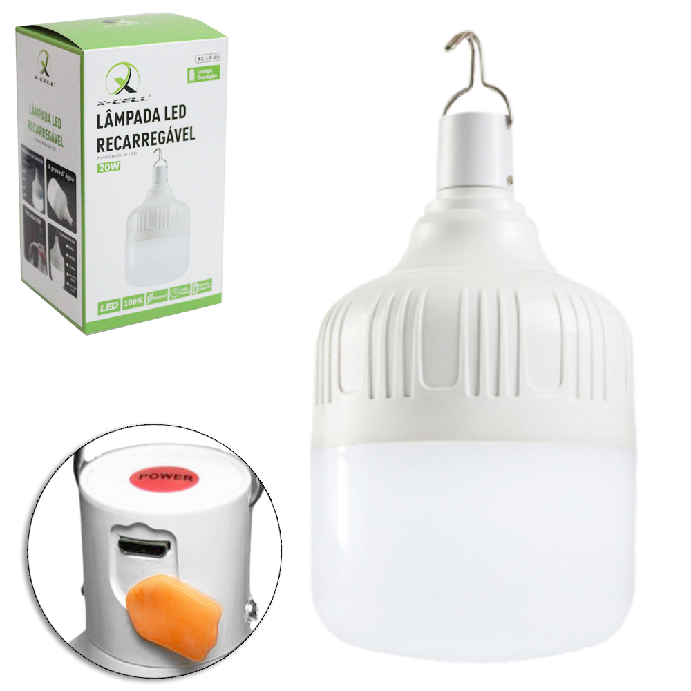 LAMPADA DE EMERGENCIA BULBO DE LED 20W BRANCA FRIA RECARREGAVEL COM GANCHO + CABO USB X-CELL