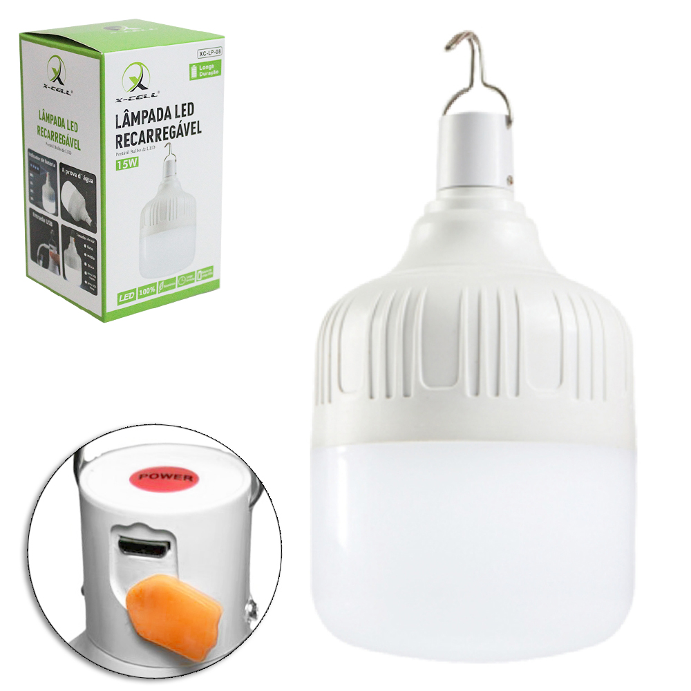 LAMPADA DE EMERGENCIA BULBO DE LED 15W BRANCA FRIA RECARREGAVEL COM GANCHO + CABO USB X-CELL