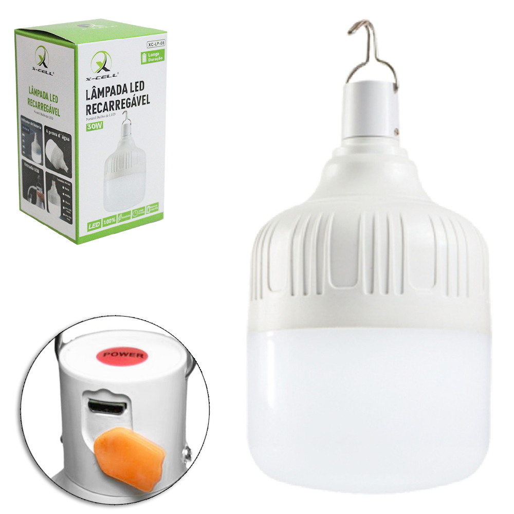 LAMPADA DE EMERGENCIA BULBO DE LED 30W BRANCA FRIA RECARREGAVEL COM GANCHO + CABO USB X-CELL